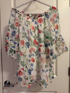 EUC 100% Silk Off-Shoulder Floral Tiered 3/4 Sleeve Peasant Top Floral Print M